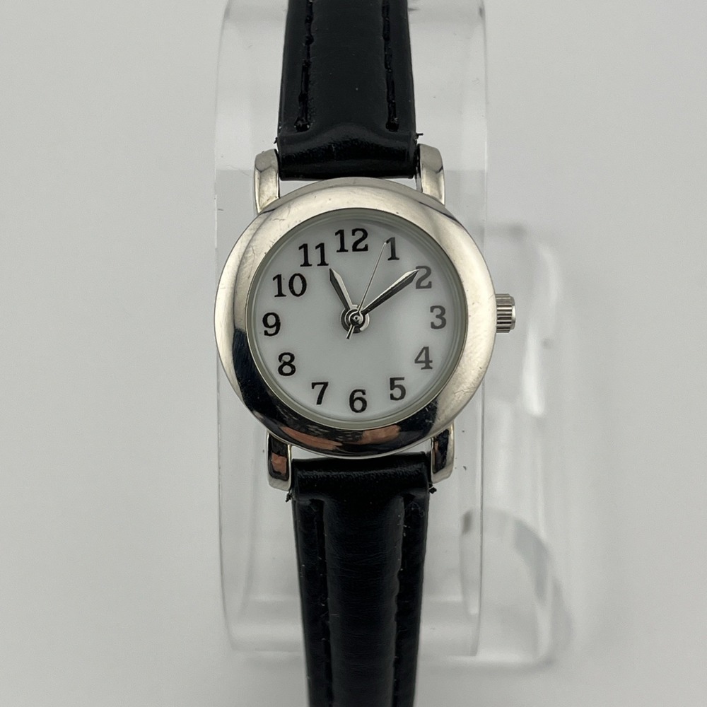 Time and Tru Watch Women 24mm Silver Case Black Faux Leather Band- New Battery